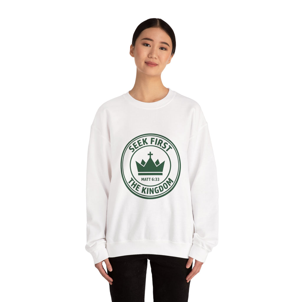 Seek First the Kingdom Crewneck Sweatshirt | Christian Streetwear, Vintage Athletic Logo