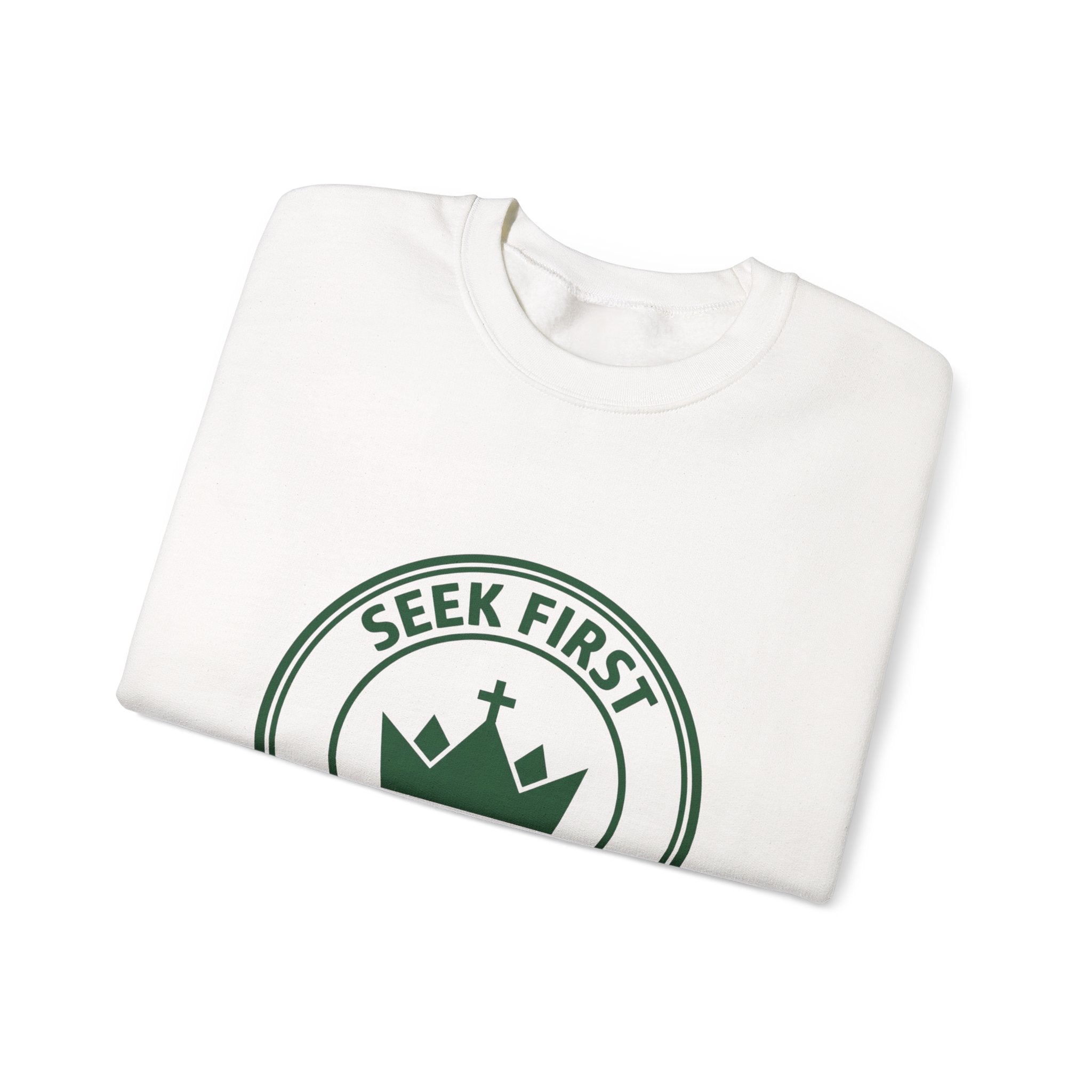 Seek First the Kingdom Crewneck Sweatshirt | Christian Streetwear, Vintage Athletic Logo