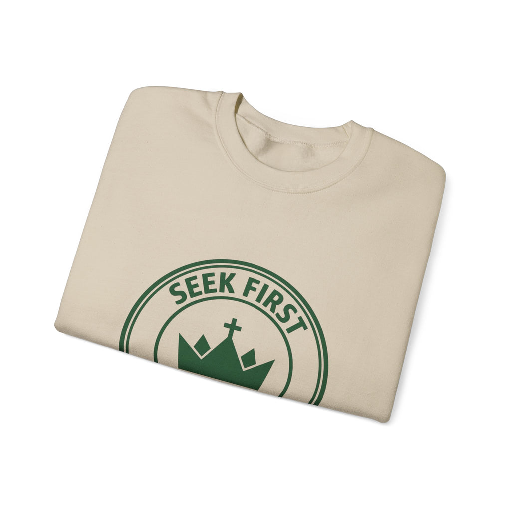 Seek First the Kingdom Crewneck Sweatshirt | Christian Streetwear, Vintage Athletic Logo