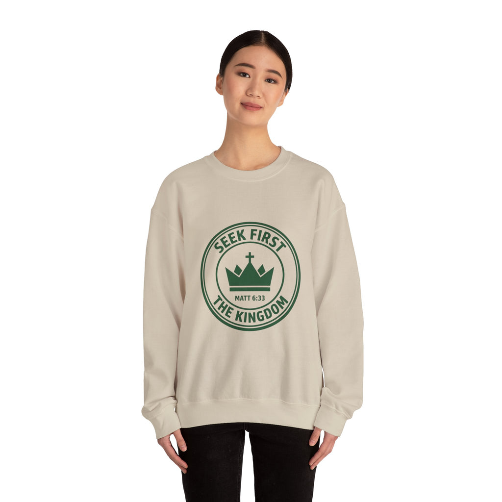 Seek First the Kingdom Crewneck Sweatshirt | Christian Streetwear, Vintage Athletic Logo